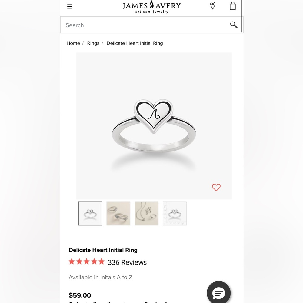 James Avery Silver Delicate Heart Initial Ring